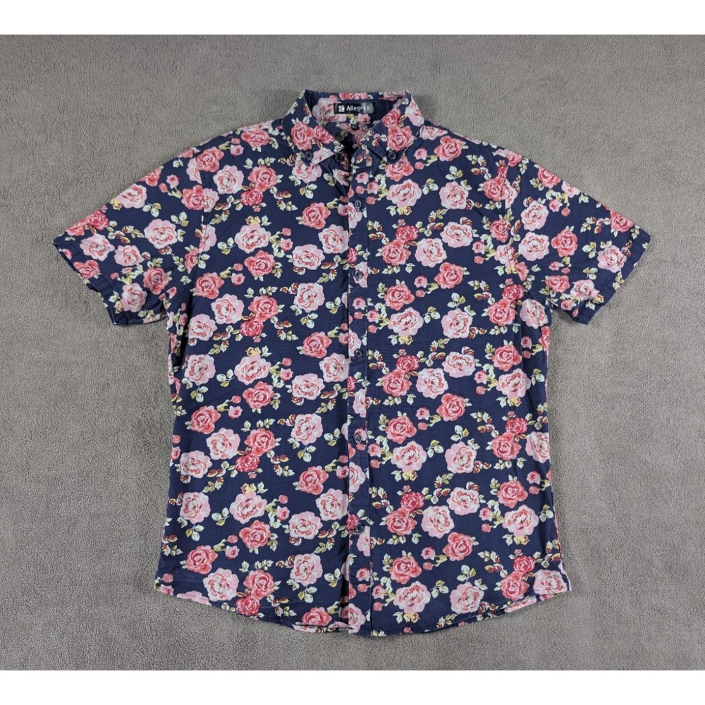 Allegra K Shirt Mens‎ Size 42 L Navy Pink Floral Short Sleeve Button Up